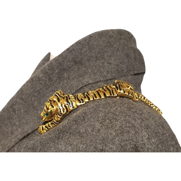 Vtg Gold-tone Articulated Tiger Brooch Green Eyes Black Enamel Stripes - Picture 2 of 11